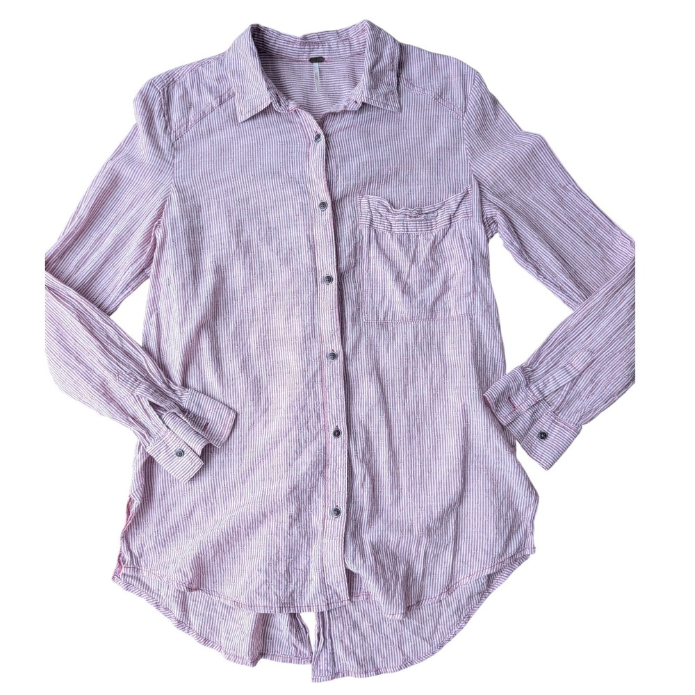 Free People Pink White‎ Stripe Button Down Shirt Tunic button Split Back XS